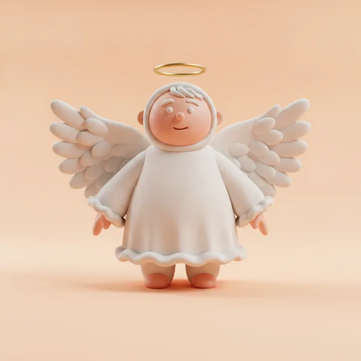 A clay figure dressed as a angel.