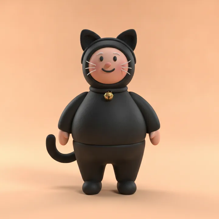 A clay figure dressed as a black cat.