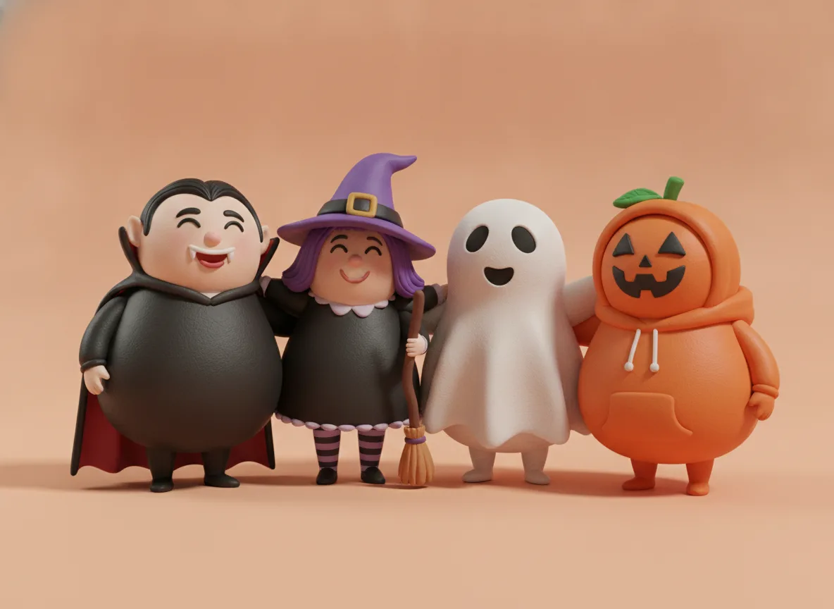 Four clay figures in different costumes posing together: a vampire, a witch, a ghost and a pumpkin.