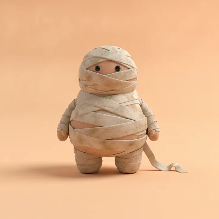 A clay figure dressed as a mummy.