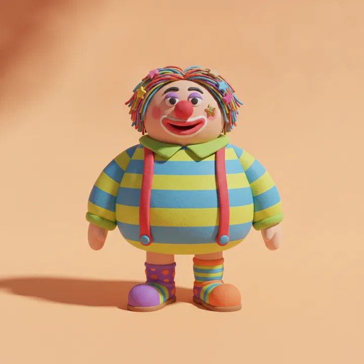 A clay figure dressed as a party clown.