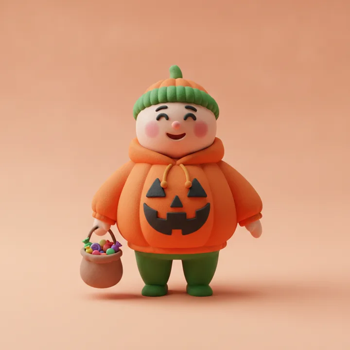 A clay figure dressed as a pumpkin in an orange hoodie with a felt jack-o-lantern face and a green beanie.
