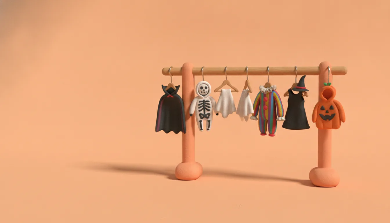 A clay clothing rail with six small Halloween costumes on hangers: a vampire cape, a skeleton hoodie, a ghost sheet, a clown shirt, a witch dress and hat, and a pumpkin hoodie.