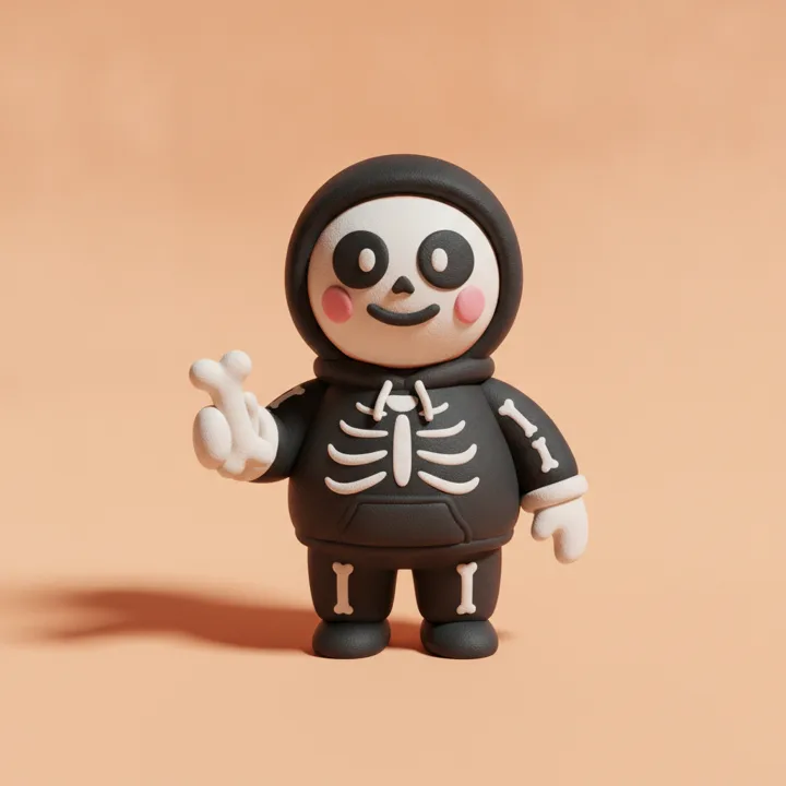 A clay figure dressed as a skeleton.