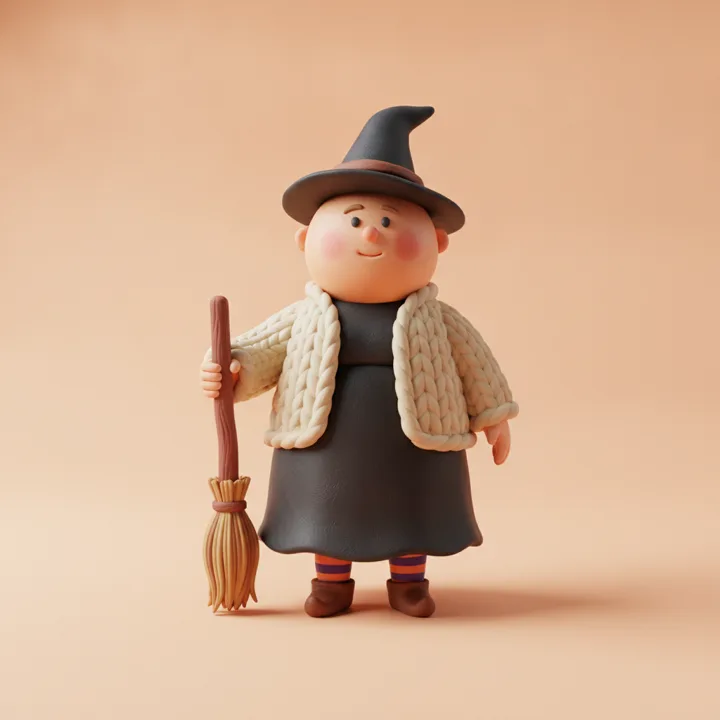 A clay figure dressed as a witch in a pointed hat, long black dress and knit cardigan, holding a broom.